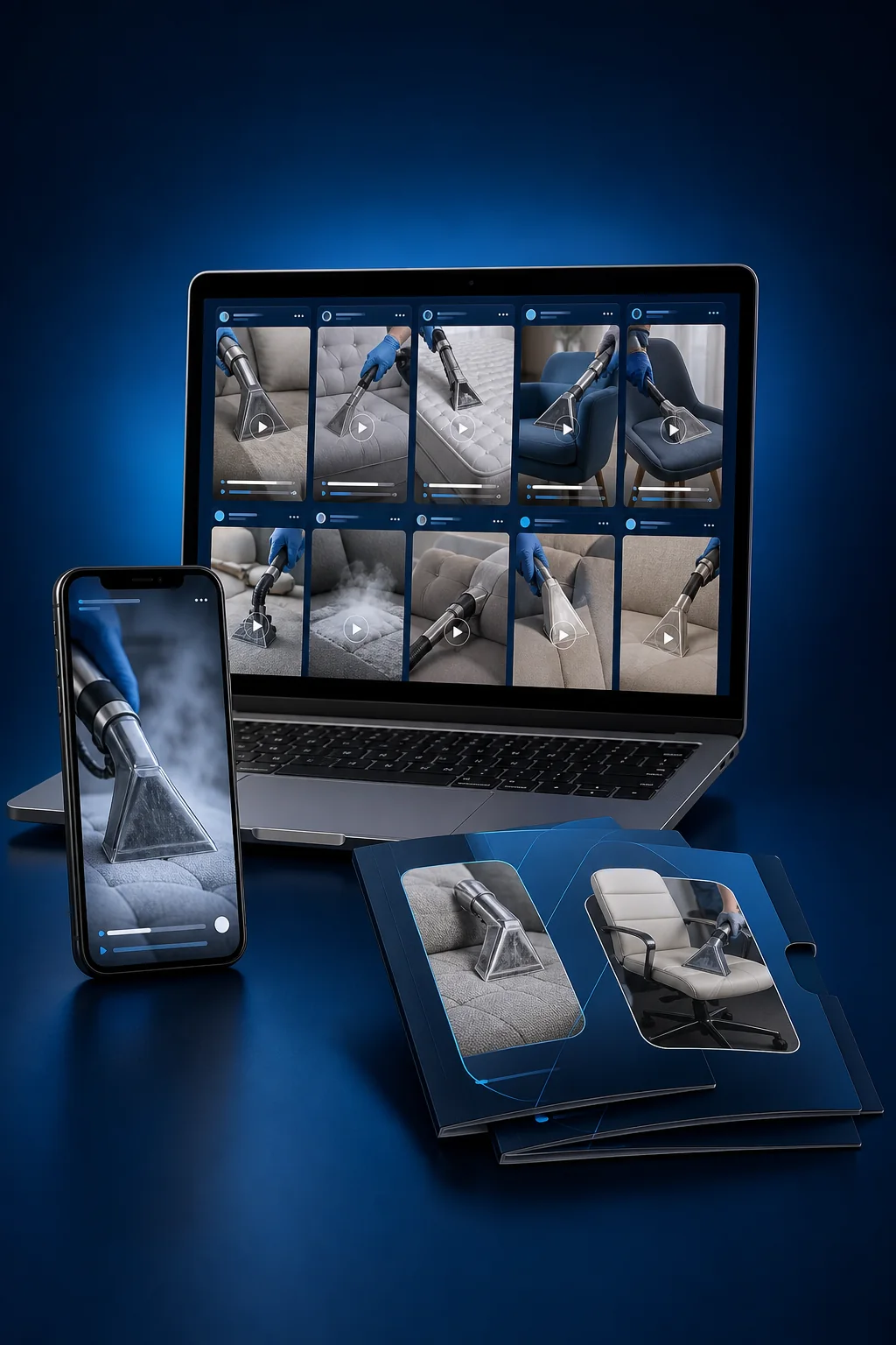 Notebook e celular exibindo conteúdos de divulgação para higienização de estofados